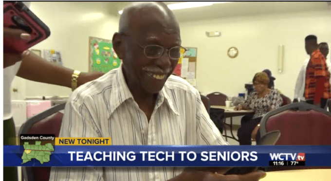 WCTV news segment featuring DRMI teaching technology to seniors.