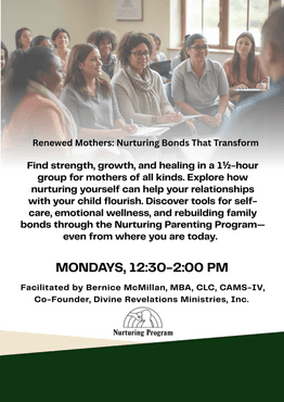 Parenting-related DRMI flyer for mothers and nurturing bonds.
